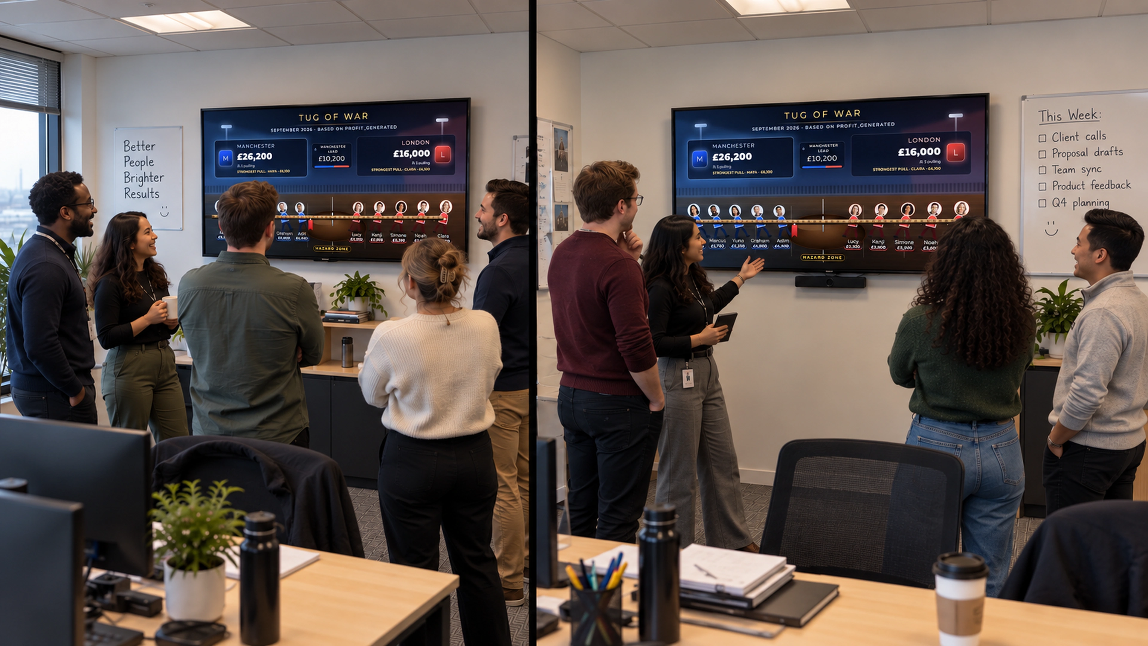 Example split-screen scene of fictional Manchester and London teams watching the same Tug of War board