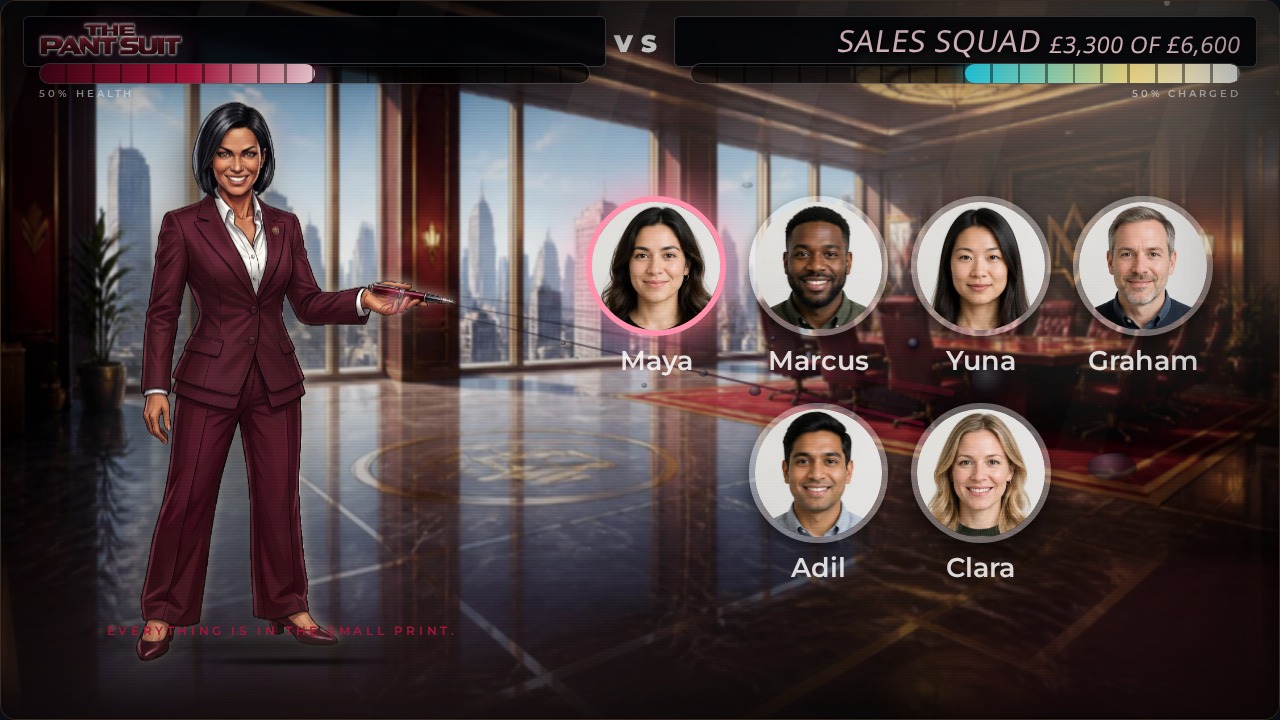 The Pant Suit Boss Battle with six fictional team members