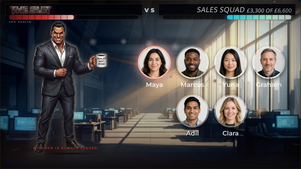 The Suit Boss Battle with six fictional team members